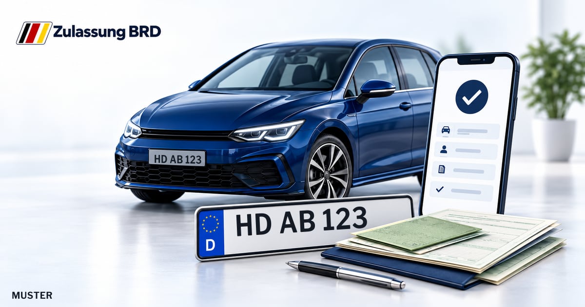 Online Fahrzeugzulassung in Schwetzingen: Musterkennzeichen HD AB 123, Auto und Fahrzeugpapiere und Smartphone. Illustration mit Logo von Zulassung BRD.